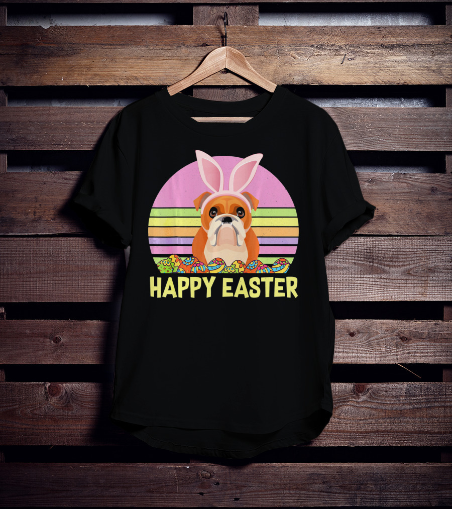 Happy Easter Day British Bulldog Bunny Ears Rainbow Eggs Retro T-Shirt
