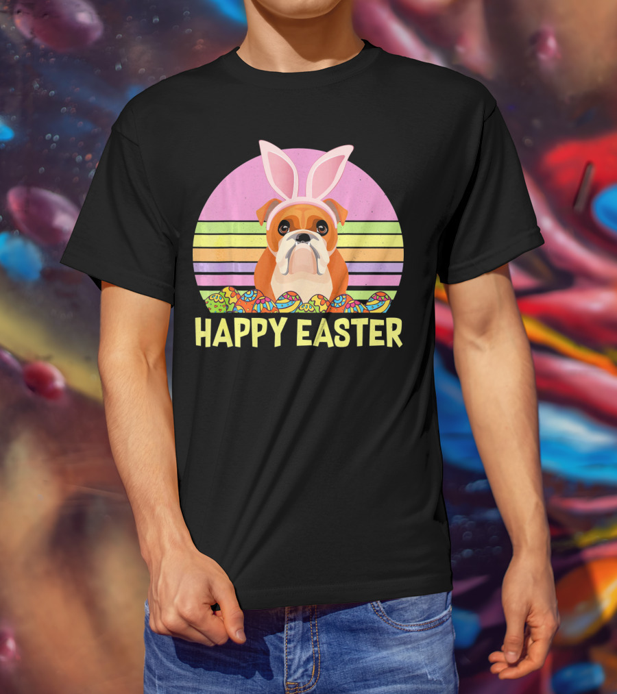 Happy Easter Day British Bulldog Bunny Ears Rainbow Eggs Retro T-Shirt