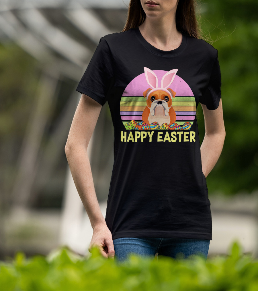 Happy Easter Day British Bulldog Bunny Ears Rainbow Eggs Retro T-Shirt