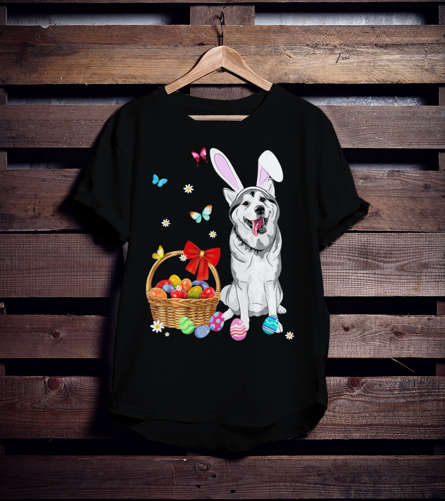 Siberian Husky Bunny Ears Easter Basket Eggs Butterflies T-Shirt