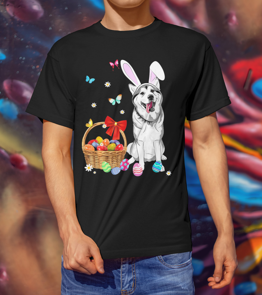 Siberian Husky Bunny Ears Easter Basket Eggs Butterflies T-Shirt