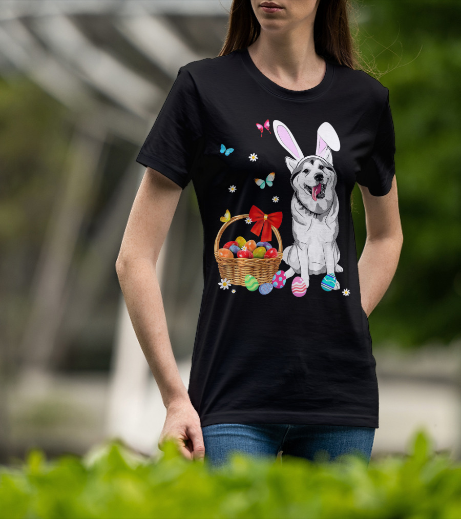 Siberian Husky Bunny Ears Easter Basket Eggs Butterflies T-Shirt