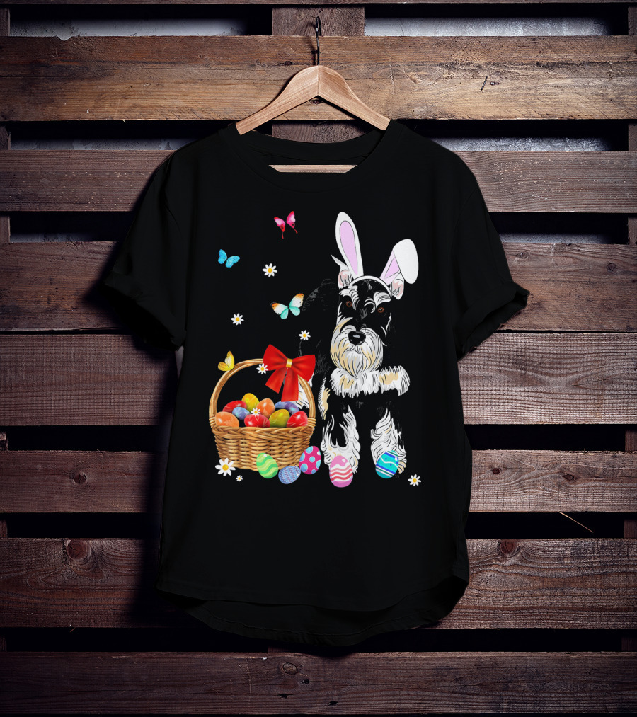 Miniature Schnauzer Bunny Ear With Easter Egg Basket And Butterflies T-Shirt