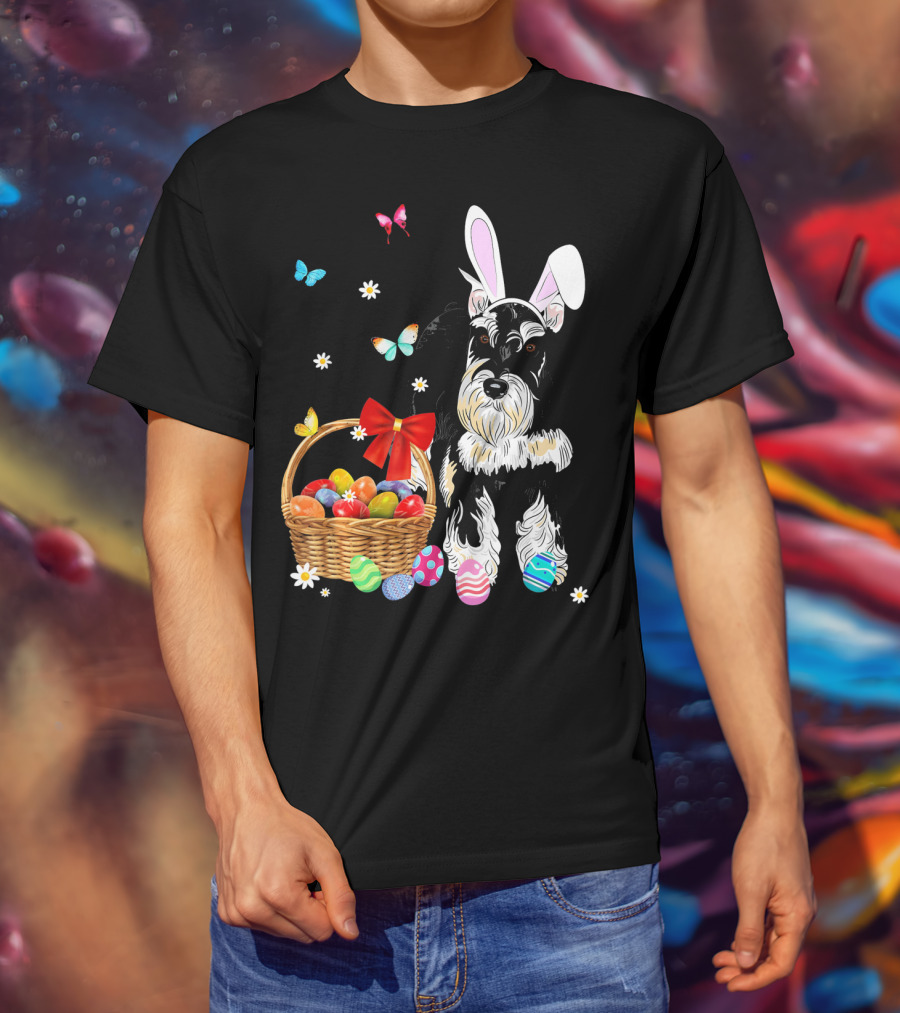 Miniature Schnauzer Bunny Ear With Easter Egg Basket And Butterflies T-Shirt
