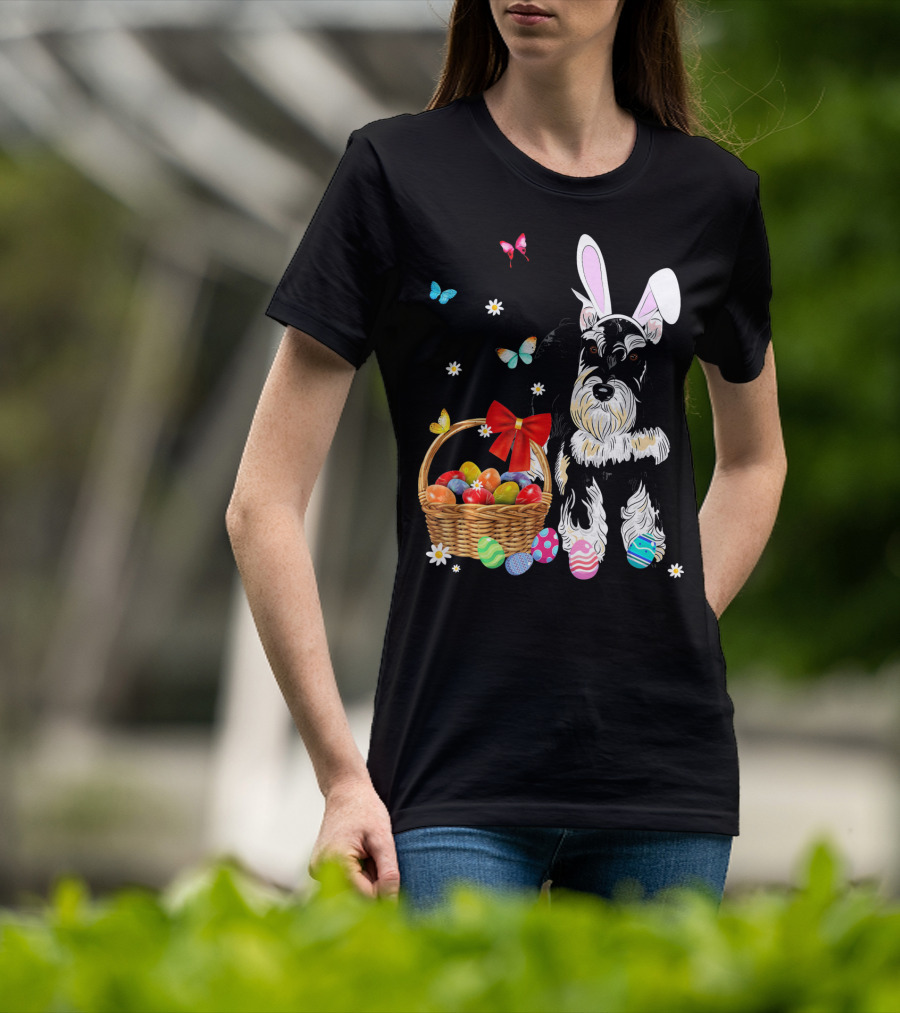 Miniature Schnauzer Bunny Ear With Easter Egg Basket And Butterflies T-Shirt