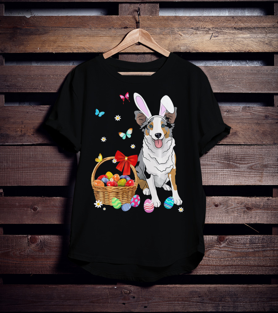 Australian Shepherd Bunny Ear Butterflies Basket Easter Egg Flowers T-Shirt