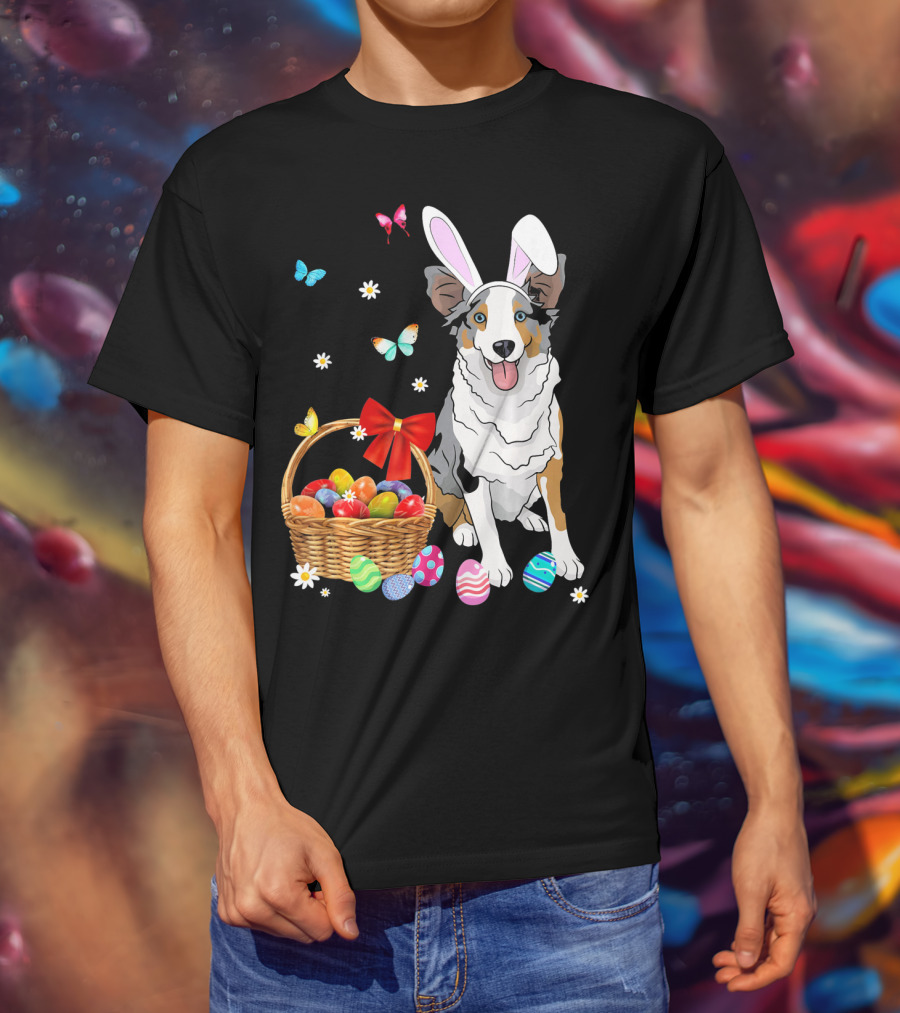 Australian Shepherd Bunny Ear Butterflies Basket Easter Egg Flowers T-Shirt