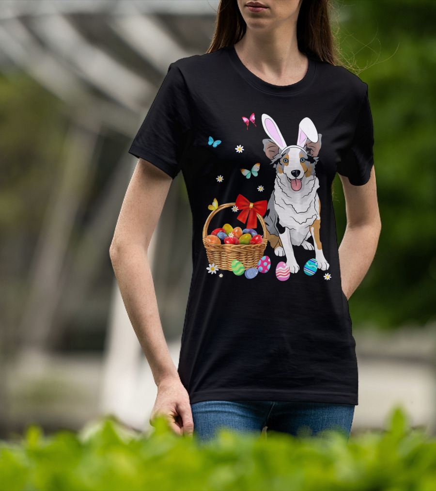Australian Shepherd Bunny Ear Butterflies Basket Easter Egg Flowers T-Shirt