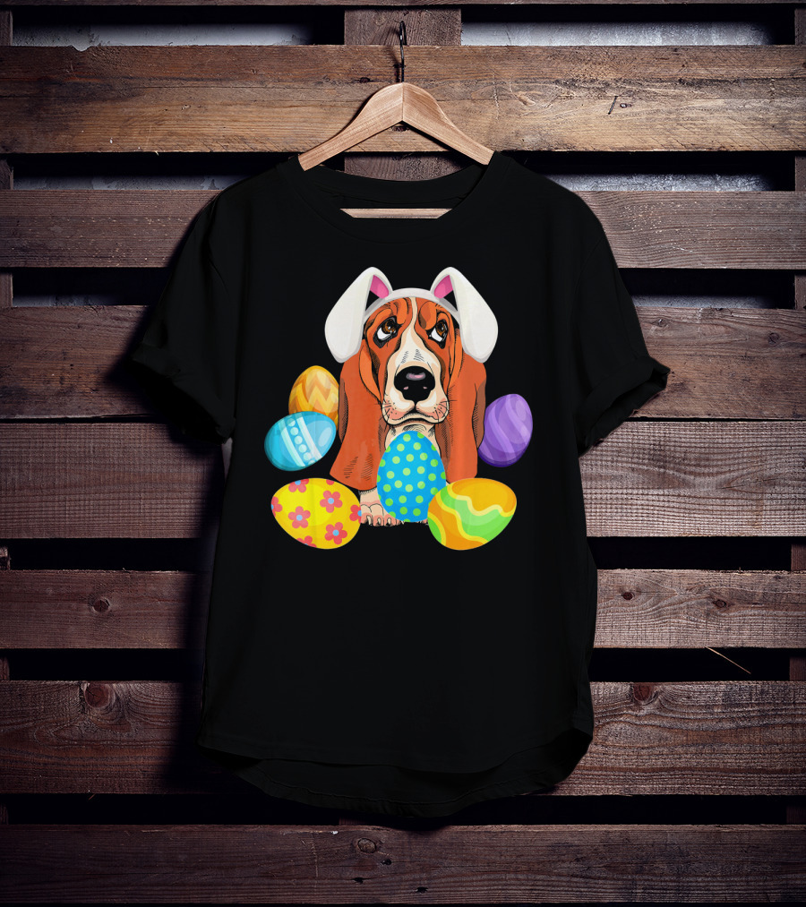 Basset Hound Bunny Rabbit Hat Easter Eggs Playful Scene T-Shirt