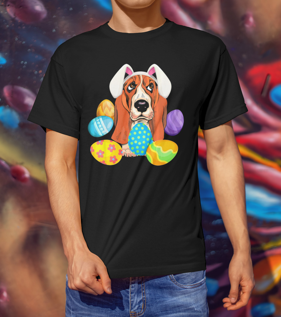 Basset Hound Bunny Rabbit Hat Easter Eggs Playful Scene T-Shirt