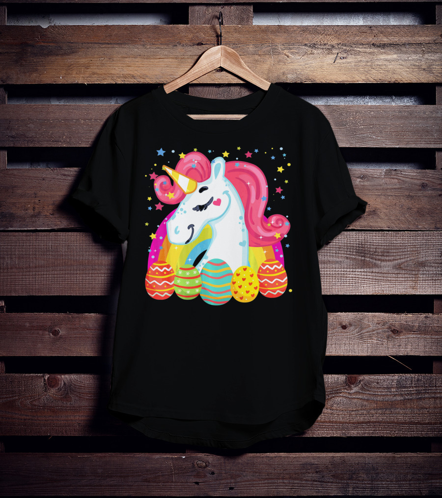 Unicorn With Rainbow Mane And Colorful Easter Eggs T-Shirt