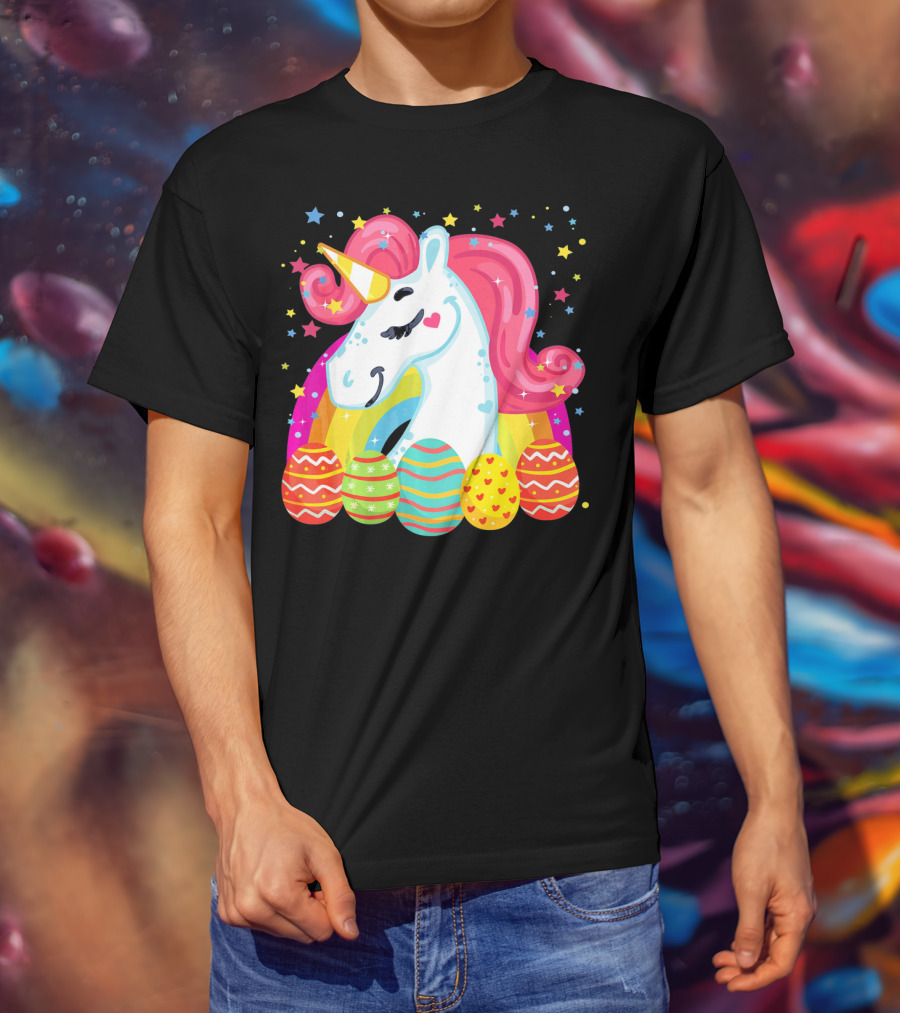 Unicorn With Rainbow Mane And Colorful Easter Eggs T-Shirt