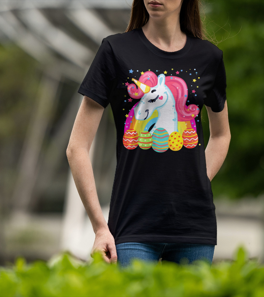 Unicorn With Rainbow Mane And Colorful Easter Eggs T-Shirt