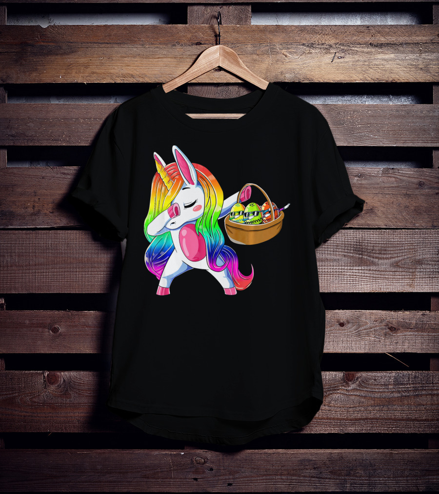 Girls Easter Unicorn Dabbing With Bunny Ear And Colorful Egg Basket T-Shirt