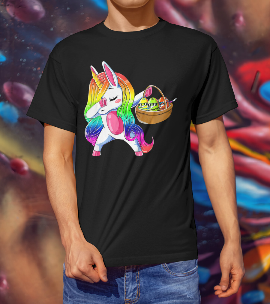 Girls Easter Unicorn Dabbing With Bunny Ear And Colorful Egg Basket T-Shirt