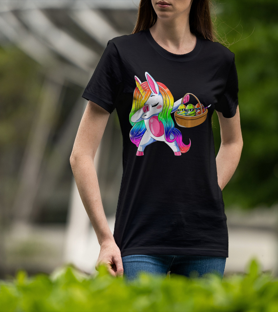 Girls Easter Unicorn Dabbing With Bunny Ear And Colorful Egg Basket T-Shirt