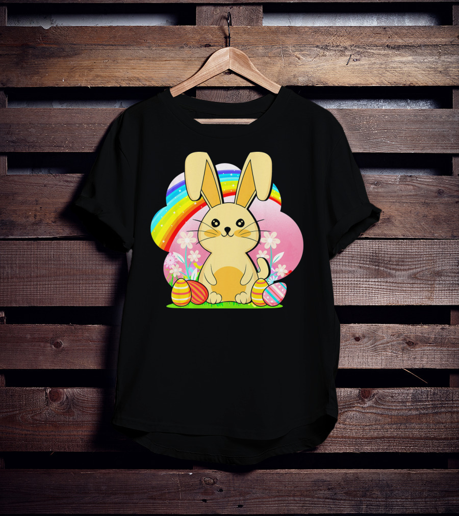 Easter Egg Bunny With Rainbow And Flowers T-Shirt