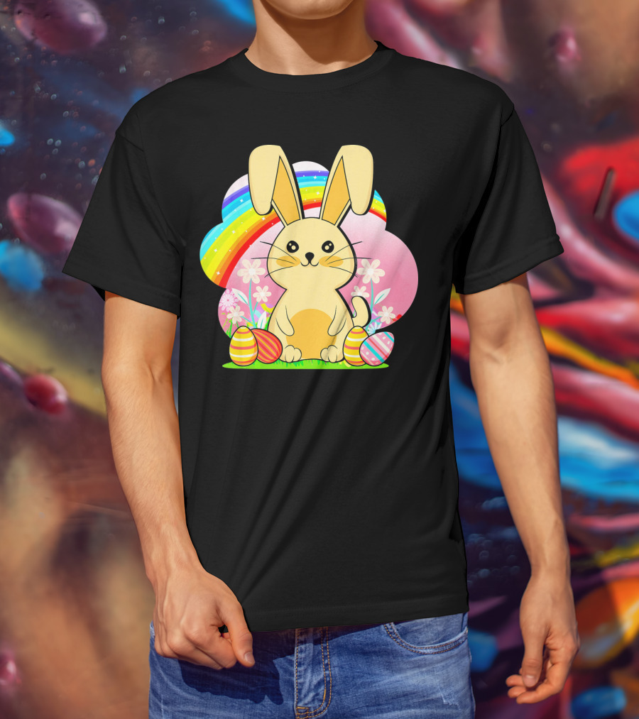 Easter Egg Bunny With Rainbow And Flowers T-Shirt
