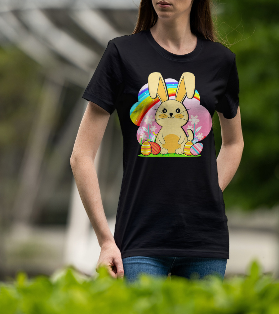 Easter Egg Bunny With Rainbow And Flowers T-Shirt