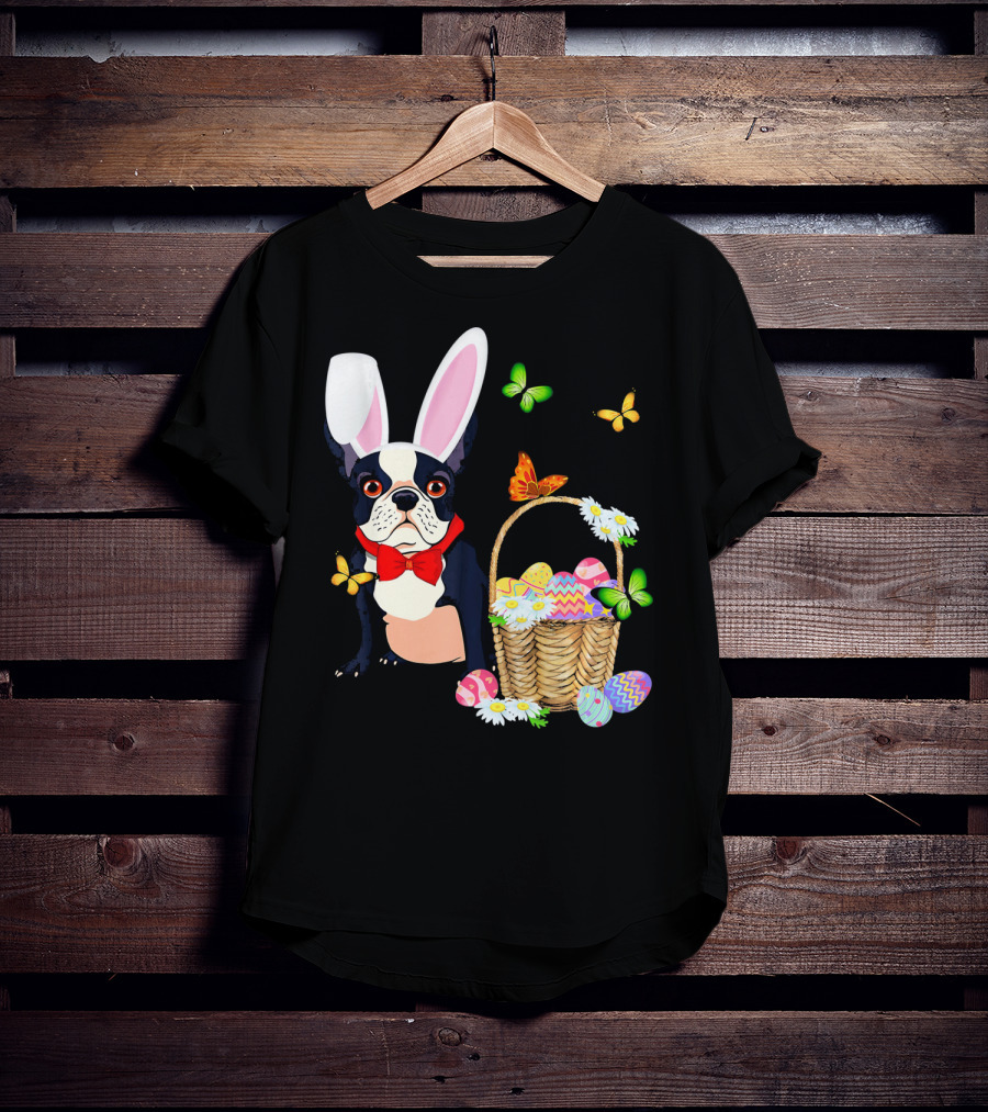 French Bulldog Bunny Hat Rabbit Easter Basket Eggs Butterflies T-Shirt