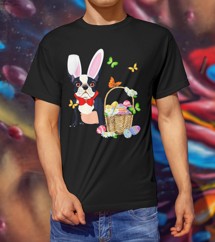 French Bulldog Bunny Hat Rabbit Easter Basket Eggs Butterflies T-Shirt
