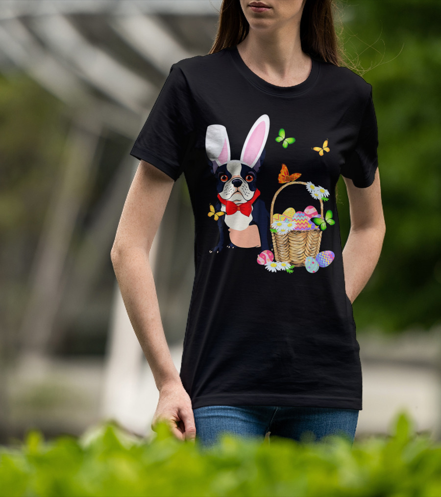 French Bulldog Bunny Hat Rabbit Easter Basket Eggs Butterflies T-Shirt
