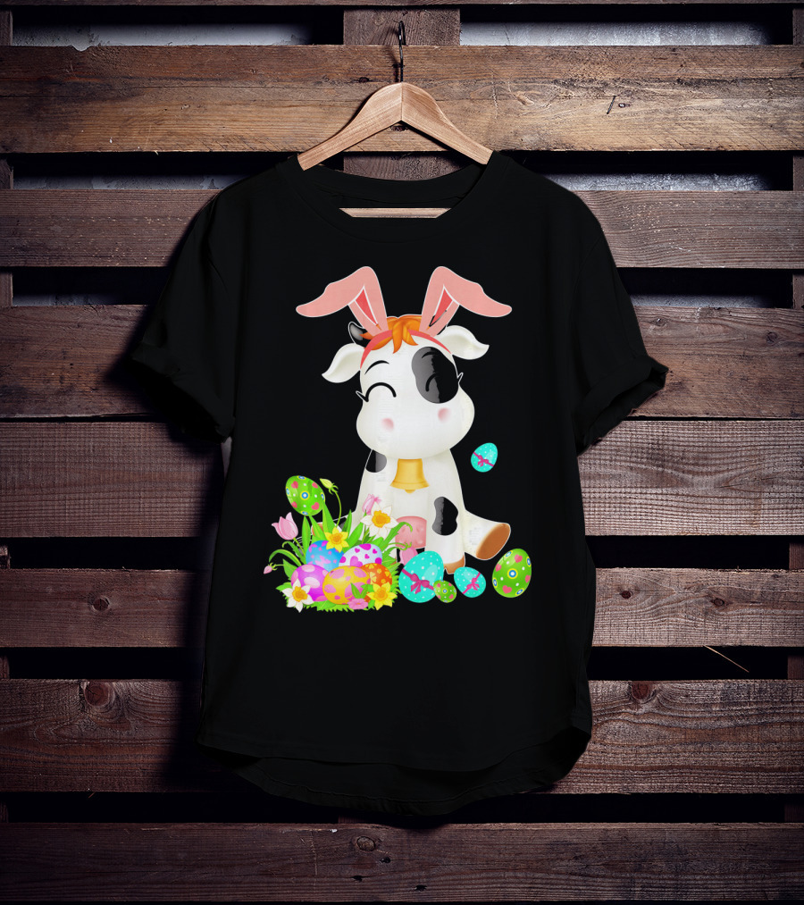 Happy Cow Easter Bunny With Colorful Eggs And Flowers T-Shirt