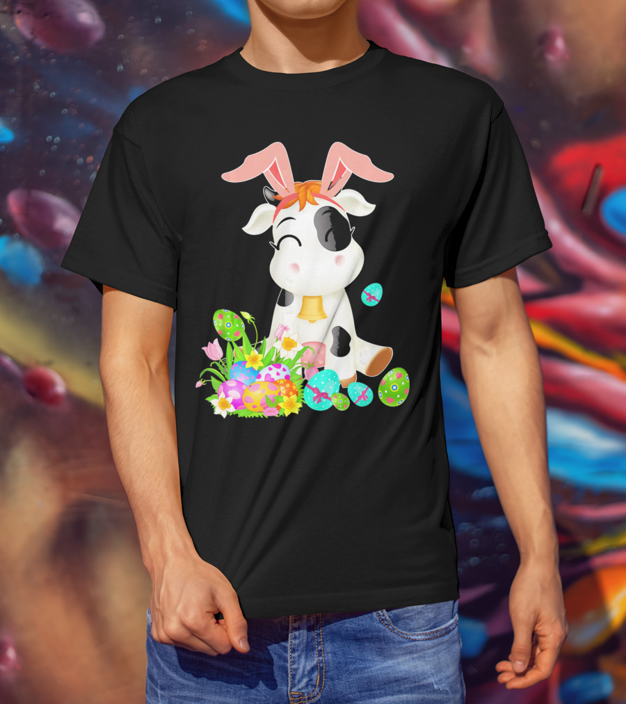 Happy Cow Easter Bunny With Colorful Eggs And Flowers T-Shirt