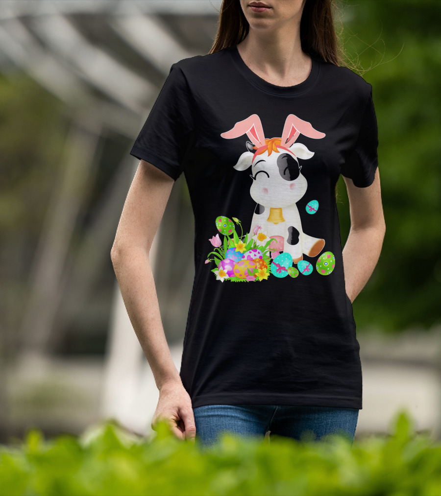 Happy Cow Easter Bunny With Colorful Eggs And Flowers T-Shirt
