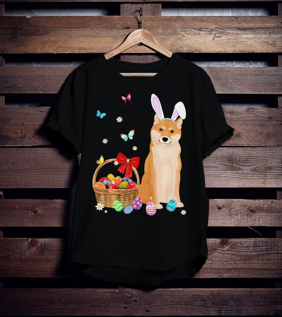 Shiba Inu Bunny Ear Rabbit Easter Eggs Basket Butterflies Flowers T-Shirt