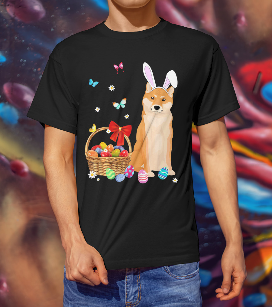 Shiba Inu Bunny Ear Rabbit Easter Eggs Basket Butterflies Flowers T-Shirt