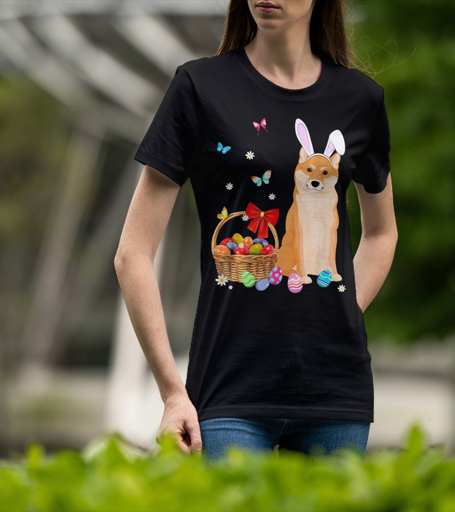 Shiba Inu Bunny Ear Rabbit Easter Eggs Basket Butterflies Flowers T-Shirt