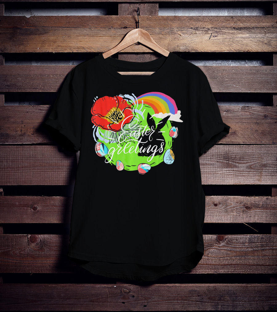 Easter Greetings Rainbow Bunny Eggs Poppy T-Shirt