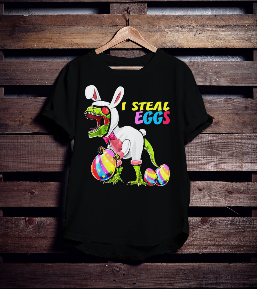 I Steal Easter Eggs Dinosaur Rex Bunny In Costume Holding Colorful Striped Eggs T-Shirt
