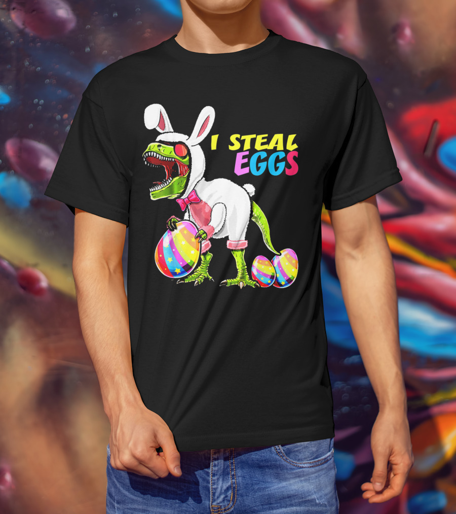 I Steal Easter Eggs Dinosaur Rex Bunny In Costume Holding Colorful Striped Eggs T-Shirt
