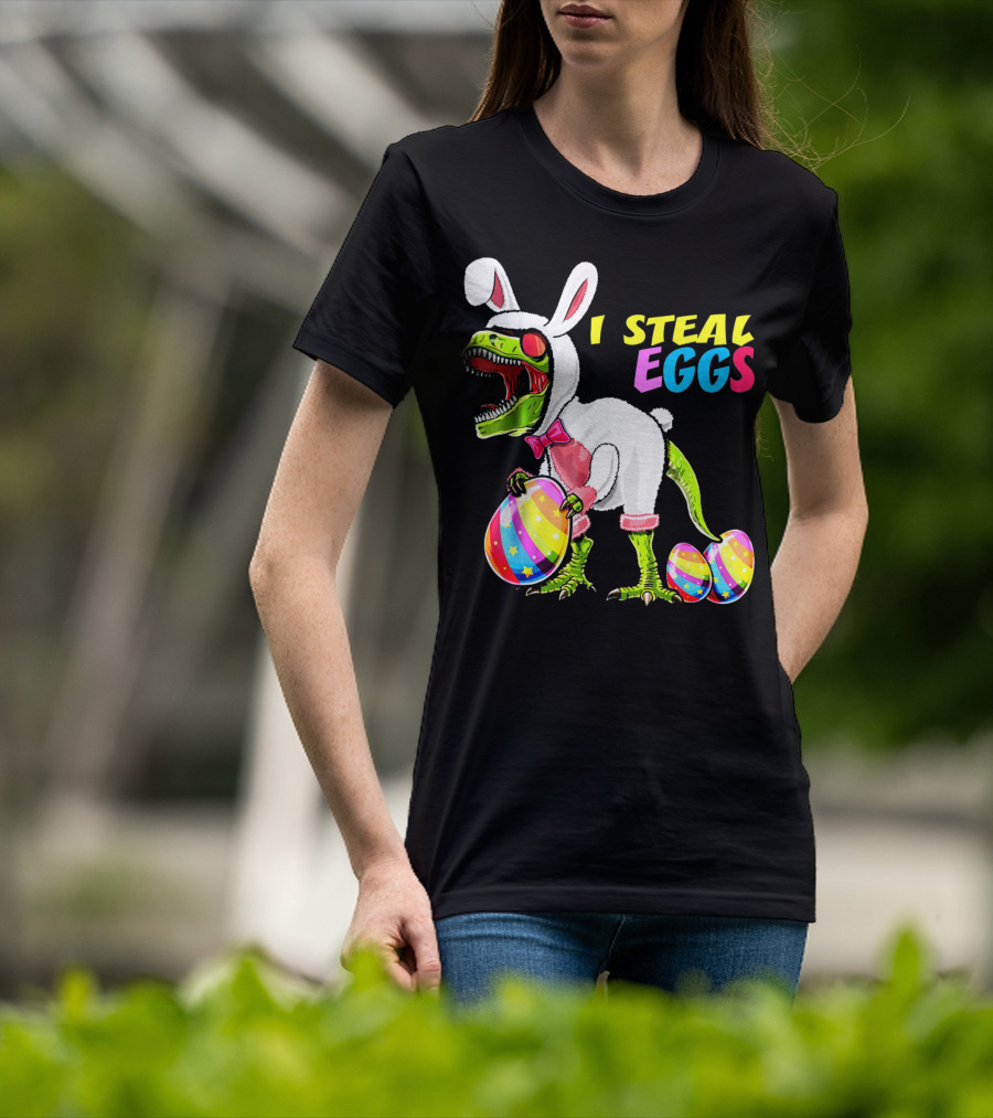 I Steal Easter Eggs Dinosaur Rex Bunny In Costume Holding Colorful Striped Eggs T-Shirt