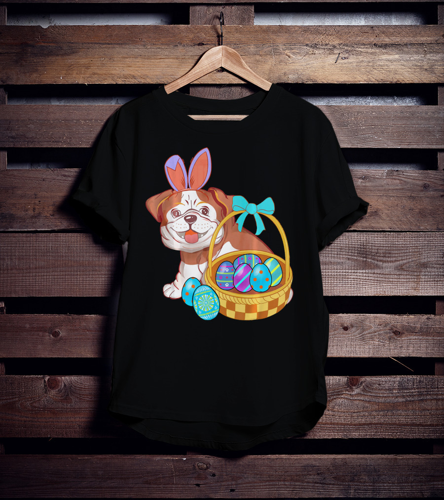 Easter Bulldog Holiday Bunny Ears With Easter Egg Basket T-Shirt
