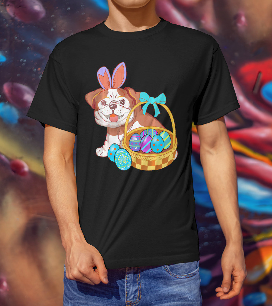 Easter Bulldog Holiday Bunny Ears With Easter Egg Basket T-Shirt