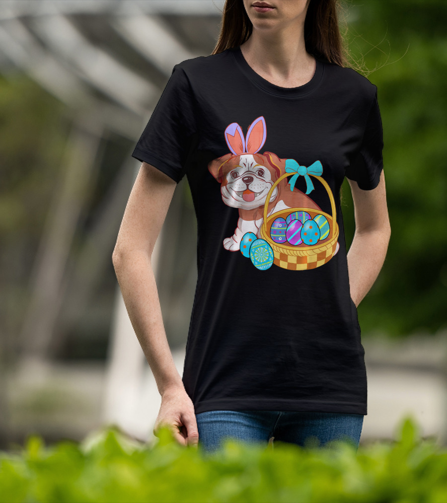 Easter Bulldog Holiday Bunny Ears With Easter Egg Basket T-Shirt