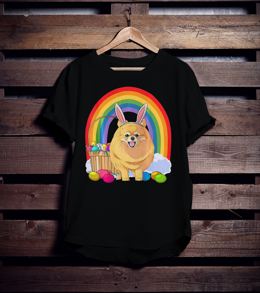 Easter Eggs Pomeranian Bunny Dog Rainbow Basket T-Shirt