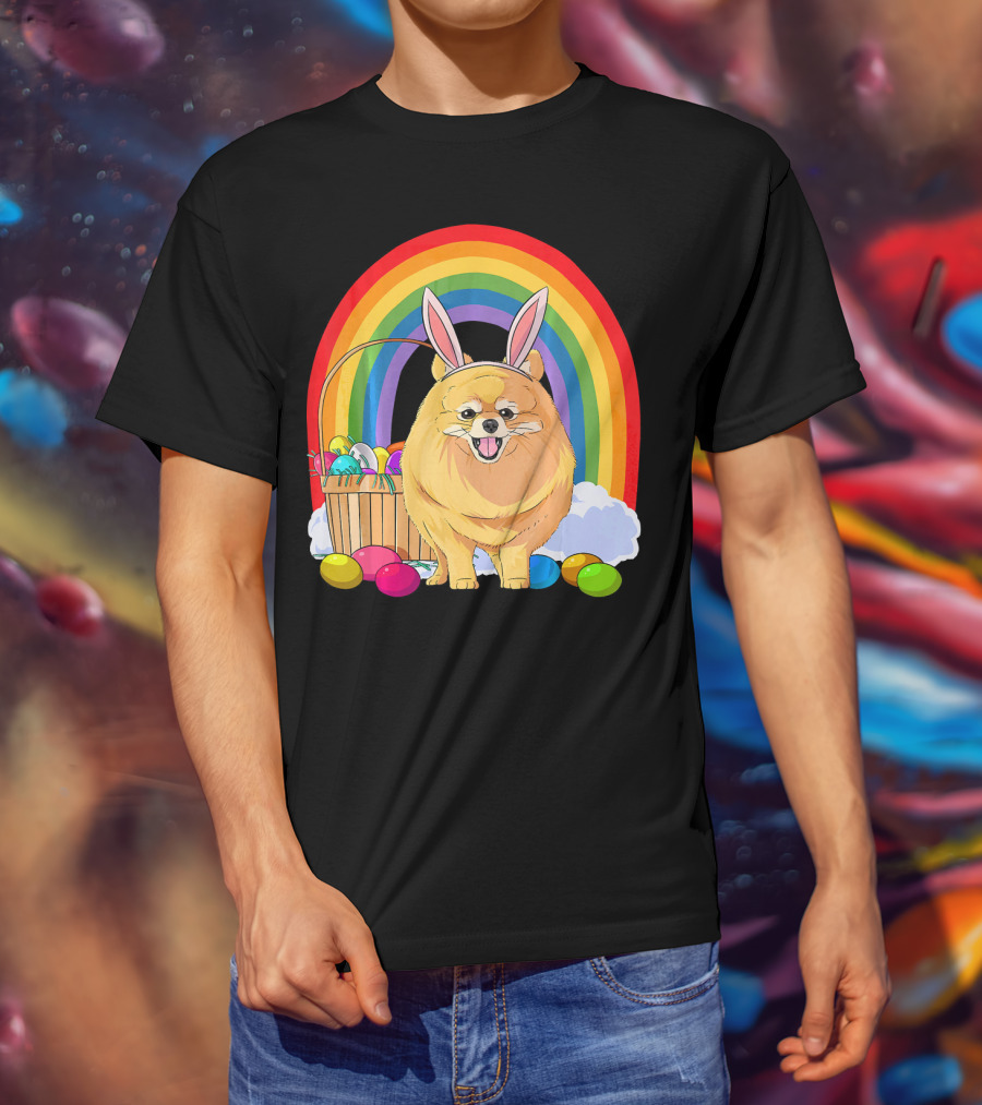 Easter Eggs Pomeranian Bunny Dog Rainbow Basket T-Shirt
