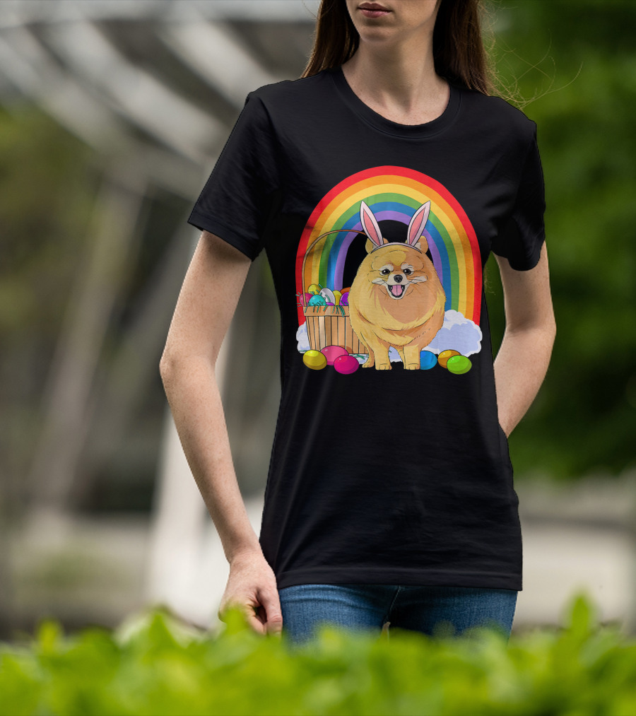 Easter Eggs Pomeranian Bunny Dog Rainbow Basket T-Shirt