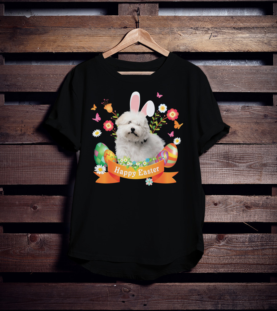 Happy Easter Bunny Coton De Tulear Dog With Eggs And Flowers T-Shirt