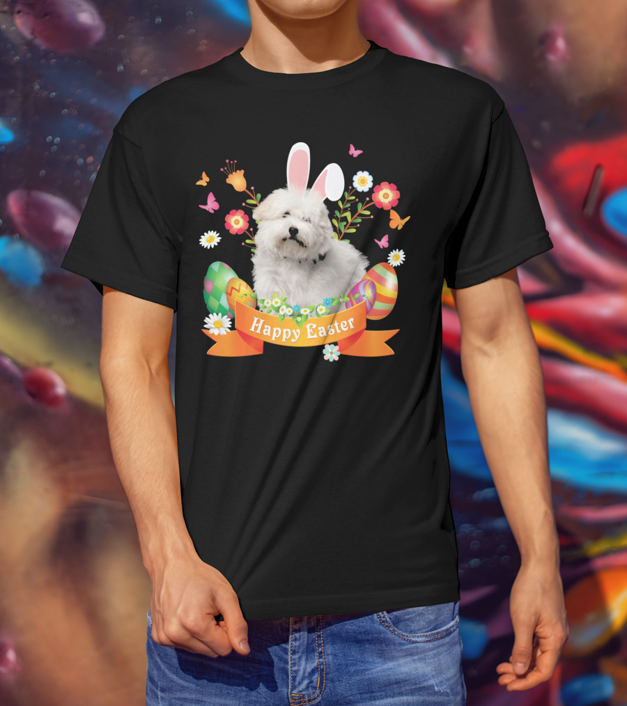 Happy Easter Bunny Coton De Tulear Dog With Eggs And Flowers T-Shirt