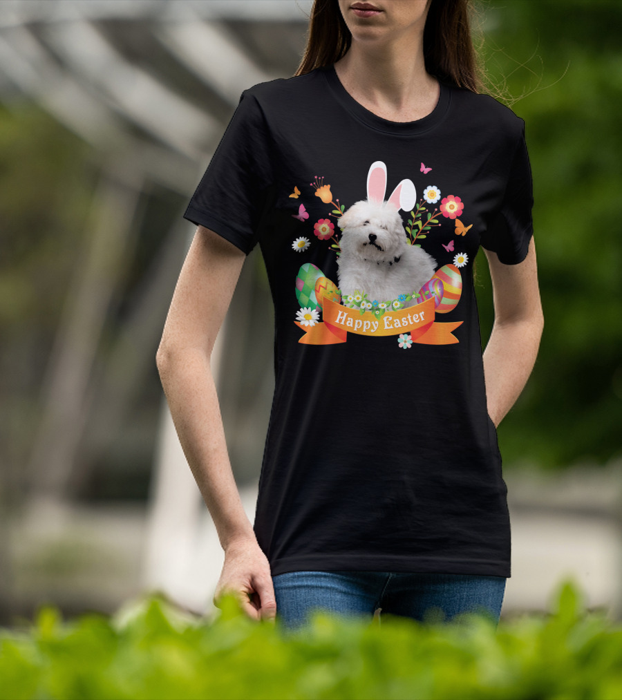 Happy Easter Bunny Coton De Tulear Dog With Eggs And Flowers T-Shirt