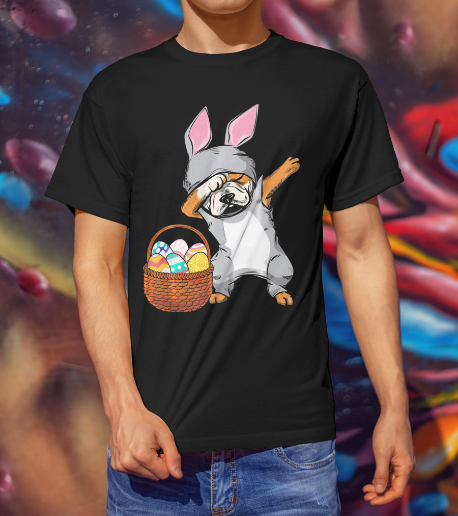Dabbing Easter Bunny English Bulldog With Basket Of Eggs T-Shirt