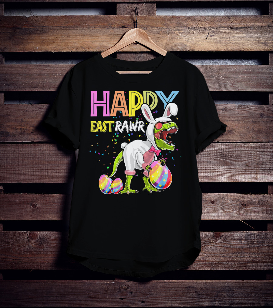 Happy Eastrawr Dinosaur Bunny With Eggs And Confetti T-Shirt