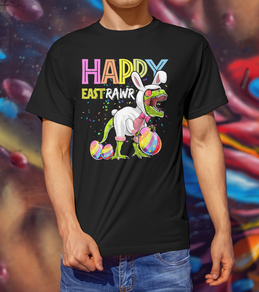 Happy Eastrawr Dinosaur Bunny With Eggs And Confetti T-Shirt