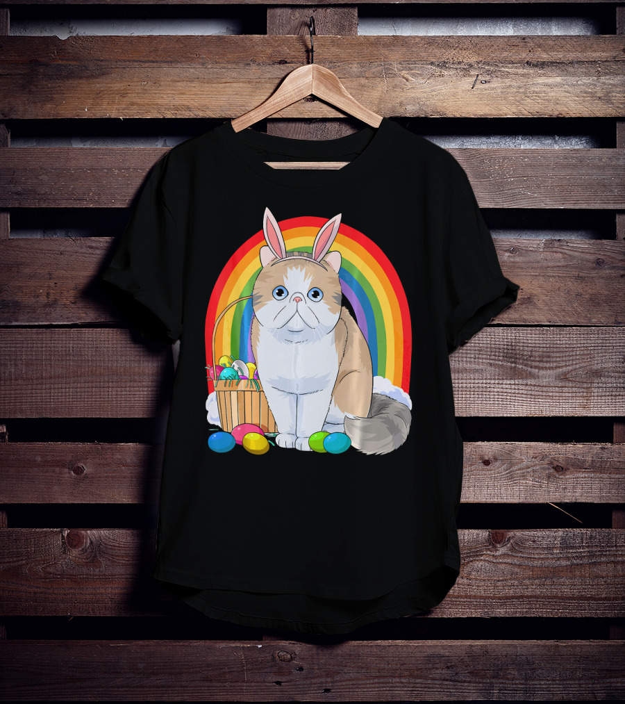 Exotic Shorthair Cat Bunny With Easter Eggs In Front Of Rainbow T-Shirt
