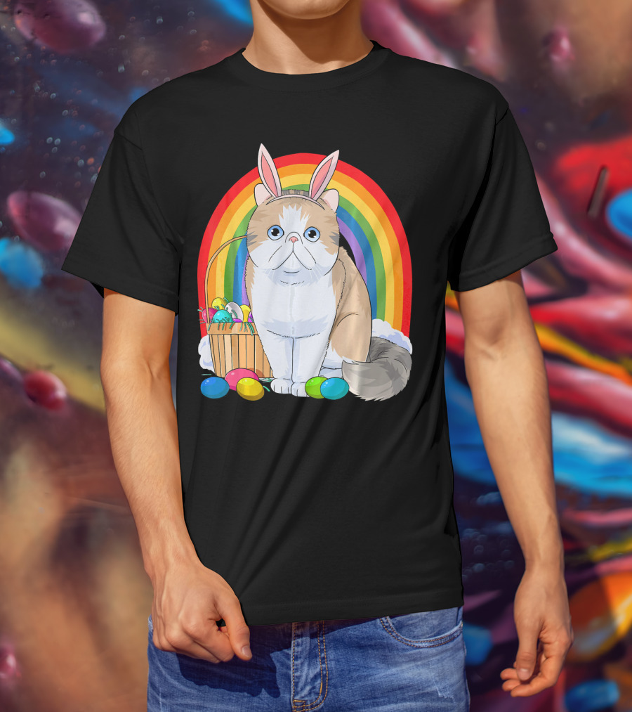 Exotic Shorthair Cat Bunny With Easter Eggs In Front Of Rainbow T-Shirt